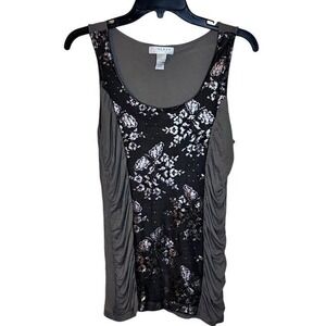 Kenar Gray Metallic Tank Top Floral Lace Stretch Ruched Women Large Goth Party